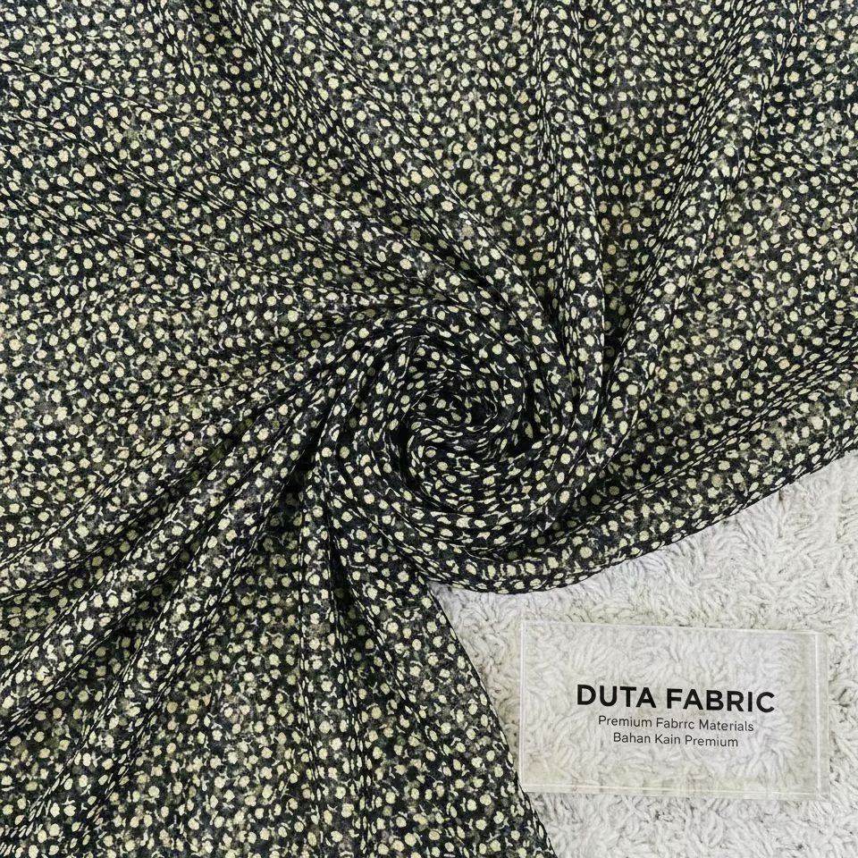 ​Kain Sifon Silk Premium | Motif Bunga Kecil Hitam Cream | Bahan Sutra Lembut LQ