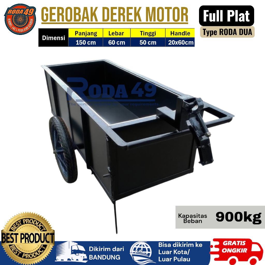 CRANE BARROW / Gerobak tarik motor / gerobak derek full plat besi ukuran P. 150 L. 60 T. 50 cm