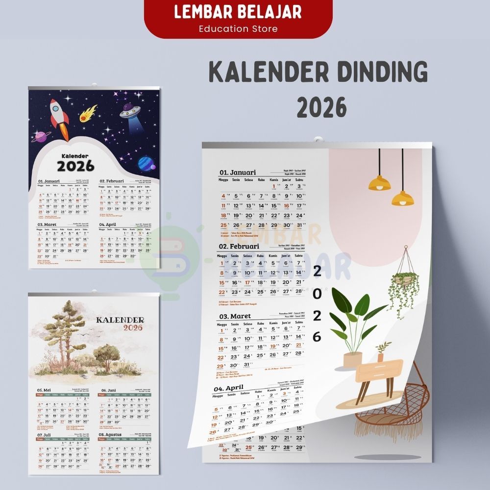 LEMBAR BELAJAR Kalender Dinding - Kalender Gantung 3 Lembar 2026 Aesthetic