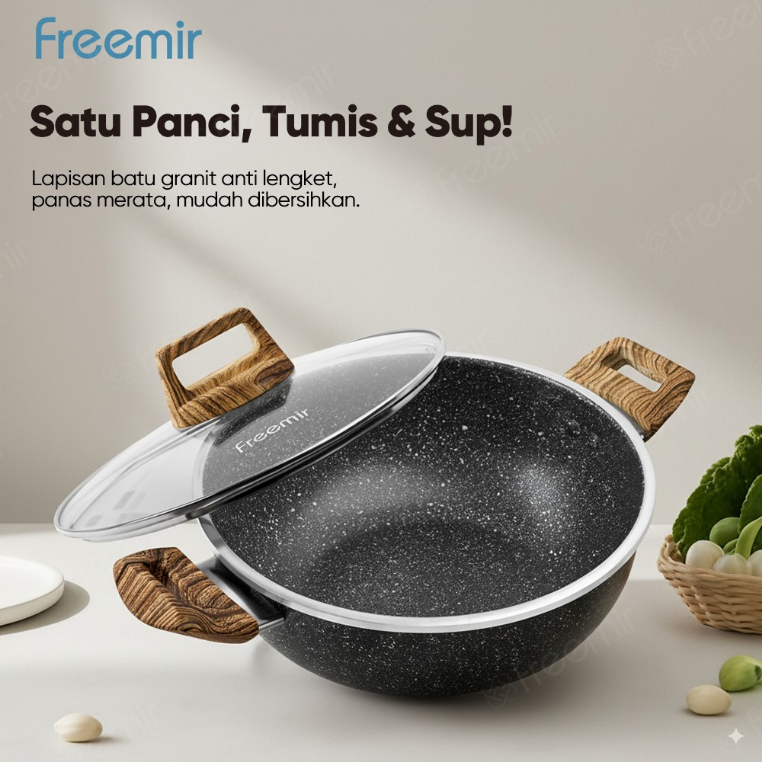 [OFFICIAL] freemir 24/20cm Panci Dua Handle dengan Tutup Kaca Tinggi 10cm wajan anti lengket panci a