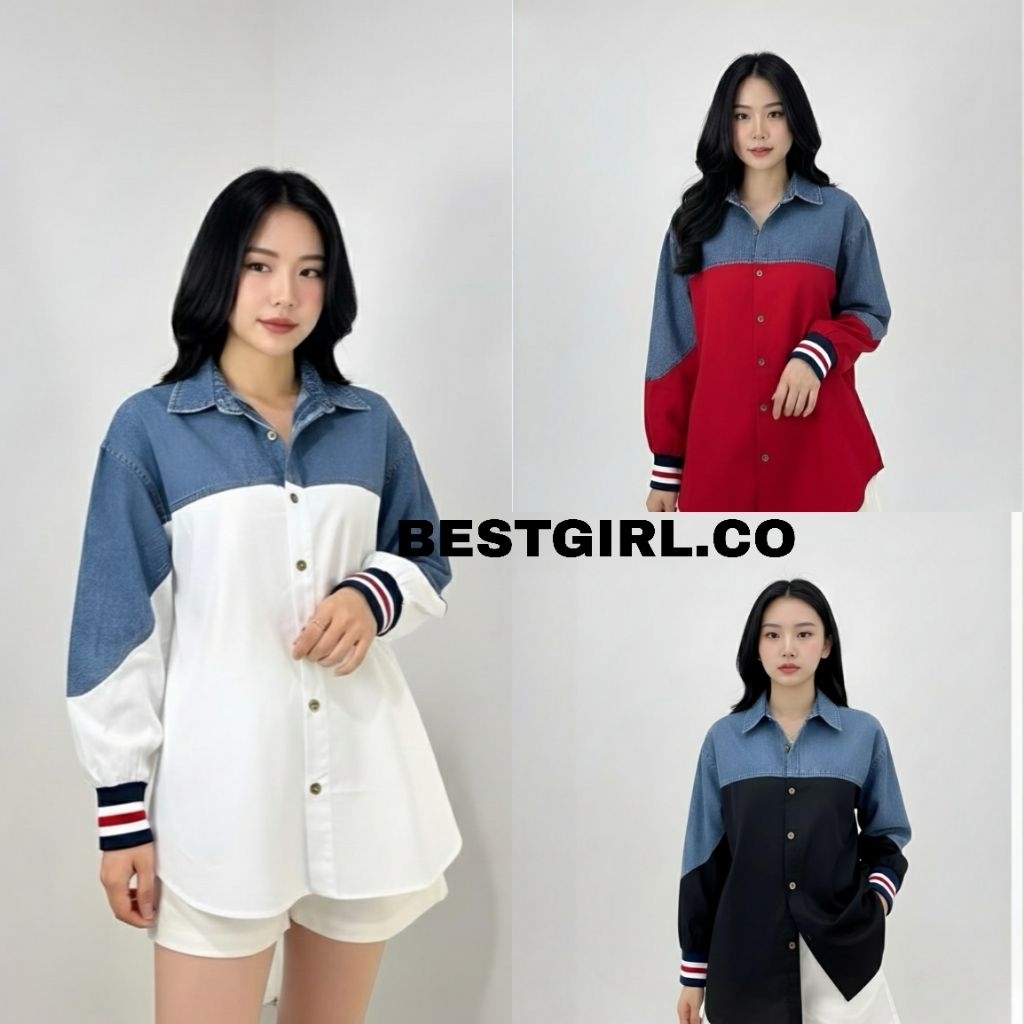 BESTGIRL KEMEJA DENIM KOMBINASI/KEMEJA WANITA MATT JEANS KOMBINASI POPLIN