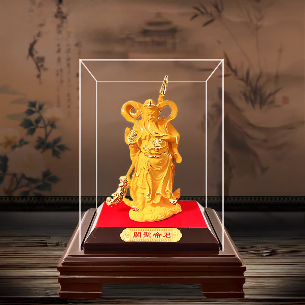 Patung Kwan Kong Box Kaca Akrilik Kado Souvenir Imlek Murah Patung Emas Golden Dekorasi Pajangan Ema