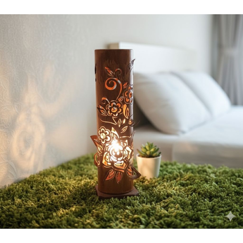 Lampu Tidur Paralon Ukir Motif Bunga 30cm – Lampu Hias Kamar Aesthetic Dekor Rumah