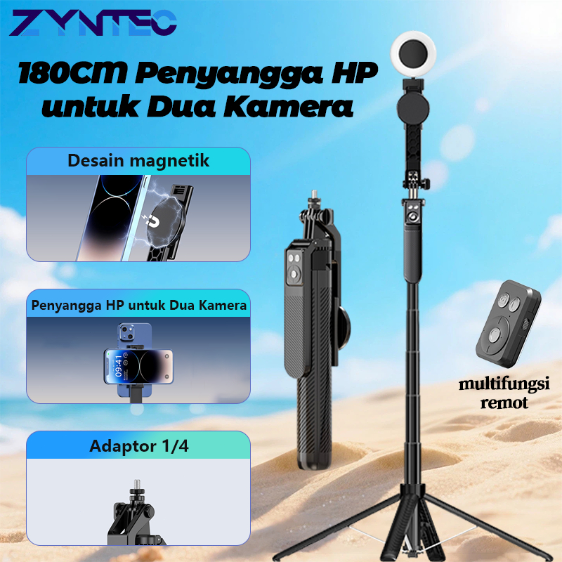 Zyntec 1800mm Aluminium alloy Selfie Stick 4 Kaki Tripod Magnetic & Clip dengan 2 HP Holder dan Blue
