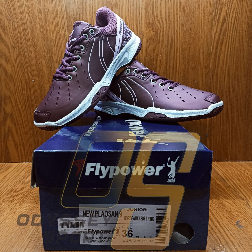 Sepatu Badminton FLYPOWER PLAOSAN 9 NC Junior & Dewasa Size 32-43 (Maroon/Soft Pink) 100% ORIGINAL