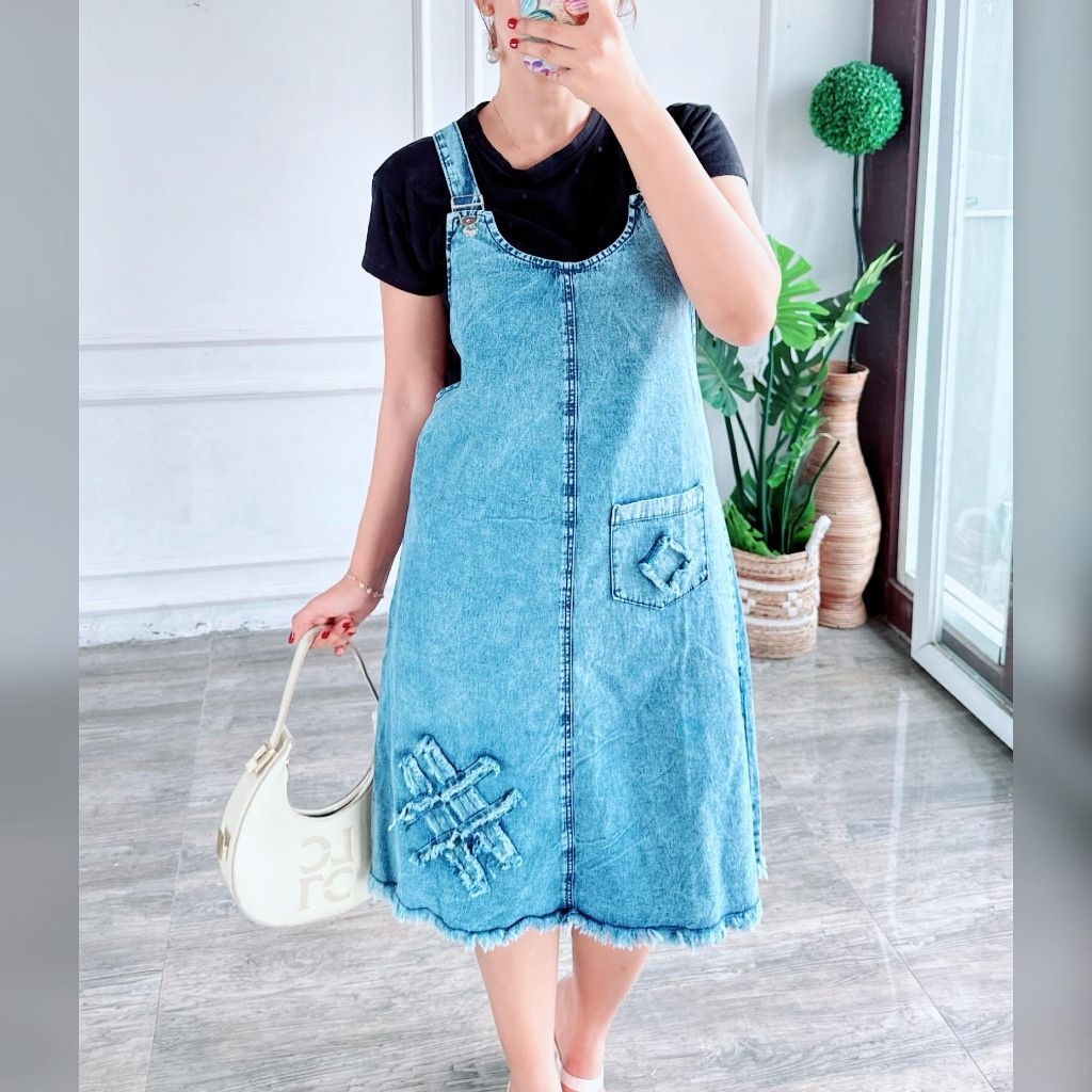 Overall Jeans Wash Denim Pendek Overall Wanita Dress  Jumbo