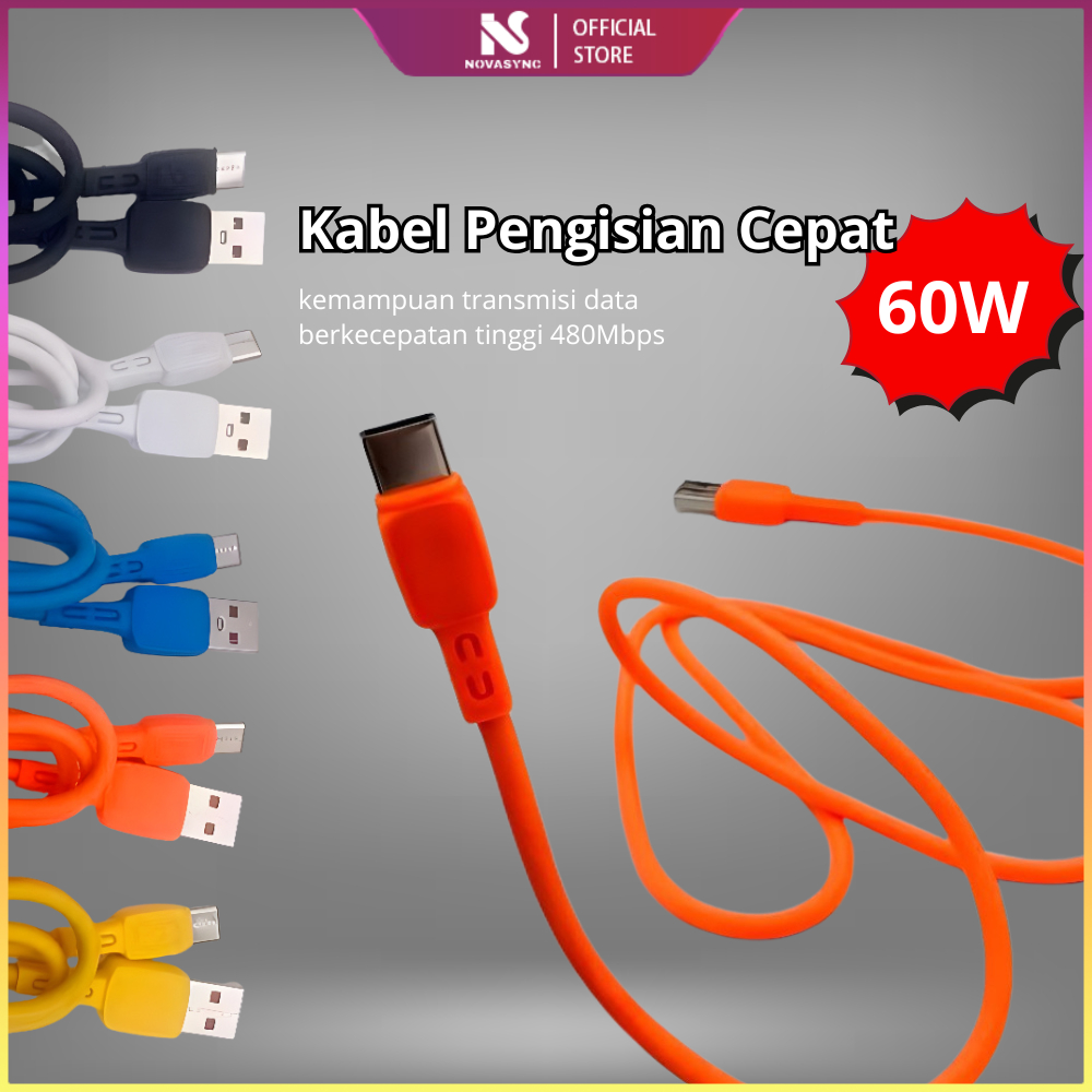 Kabel Charger 60W Fast Charging USB ke Type C – Kabel Data Pengisian Cepat Warna-Warni, Lentur & Tah