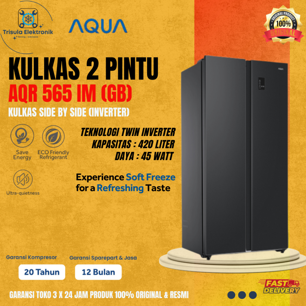 AQUA KULKAS AQR565IM GB / AQR565 IM (GB) INVERTER SIDE BY SIDE KAPASITAS 480 L BLACK - METAL DOOR