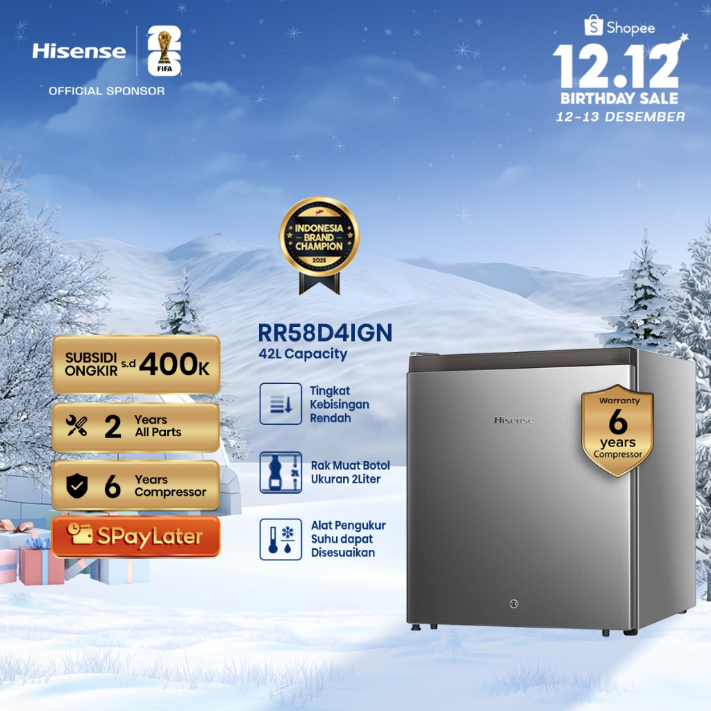 Hisense RR58D4IGN Kulkas Mini Portable 42L Silver