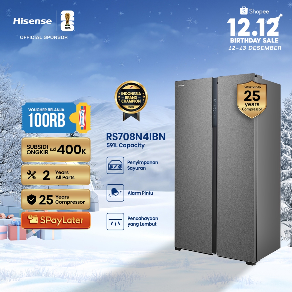 Hisense Kulkas RS708N4IBN Refrigerator Side By Side Kapasitas 591L Warna Hitam Inverter Tanpa Bunga 
