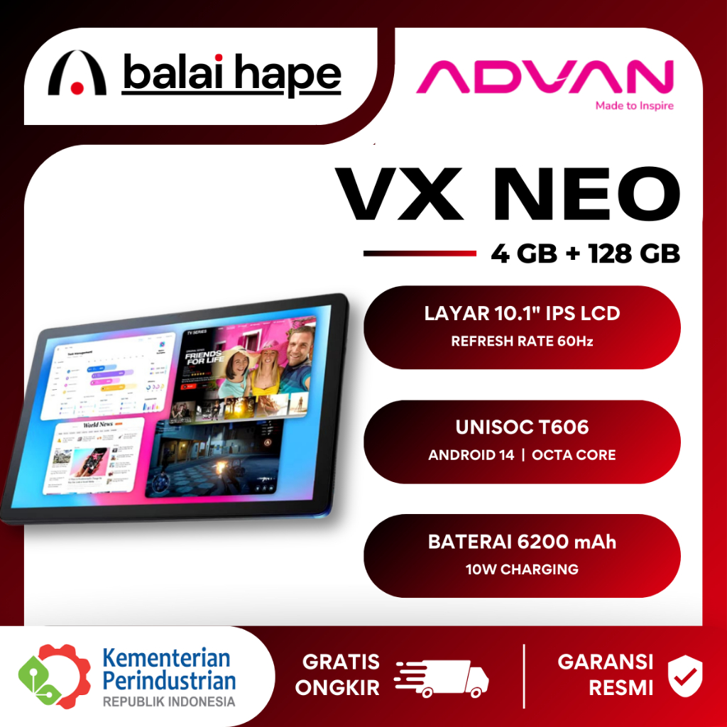 ADVAN Tab VX Neo 4/128 GB Garansi Resmi ADVAN Tablet VX Neo 4/128 GB 10.1" IPS LCD 90Hz