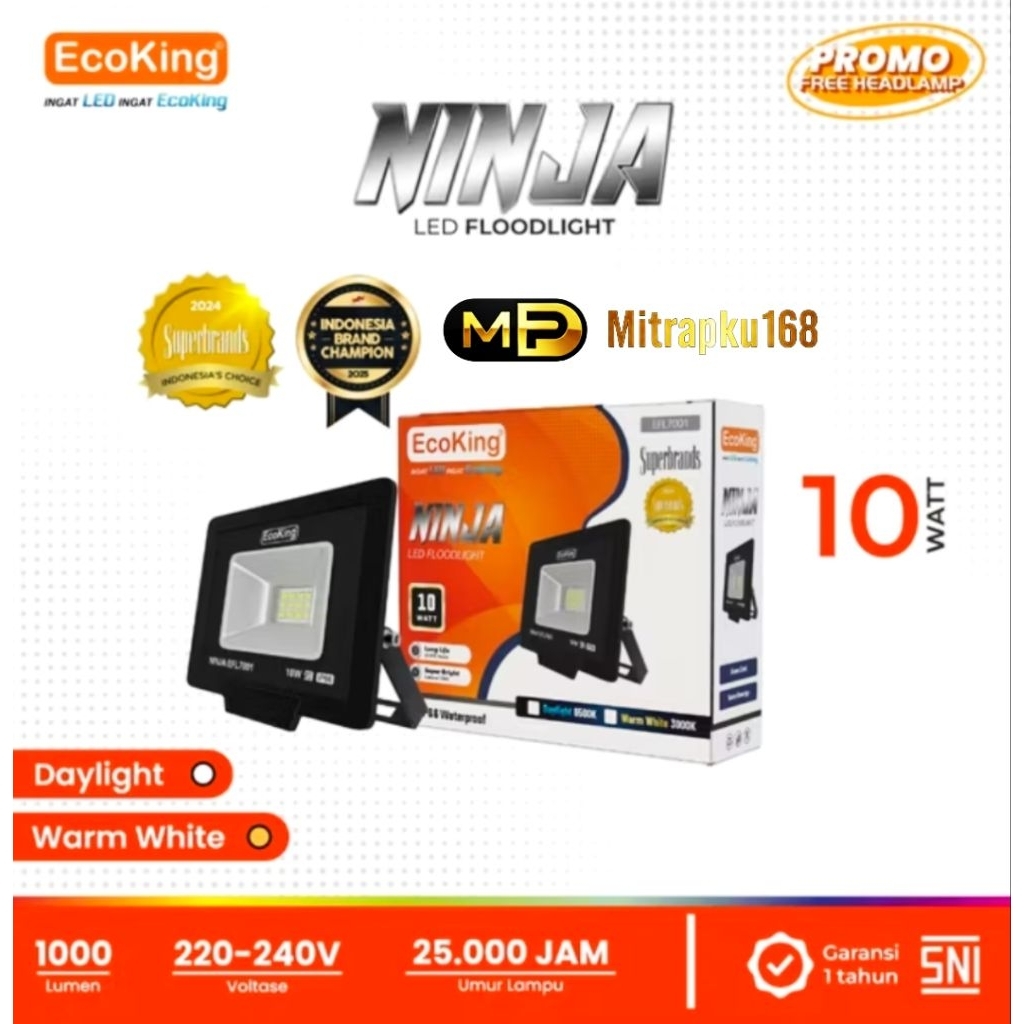 Lampu Sorot LED ECOKING  Ninja 10 Watt Cahaya Putih IP66 Waterproof / Flood Light