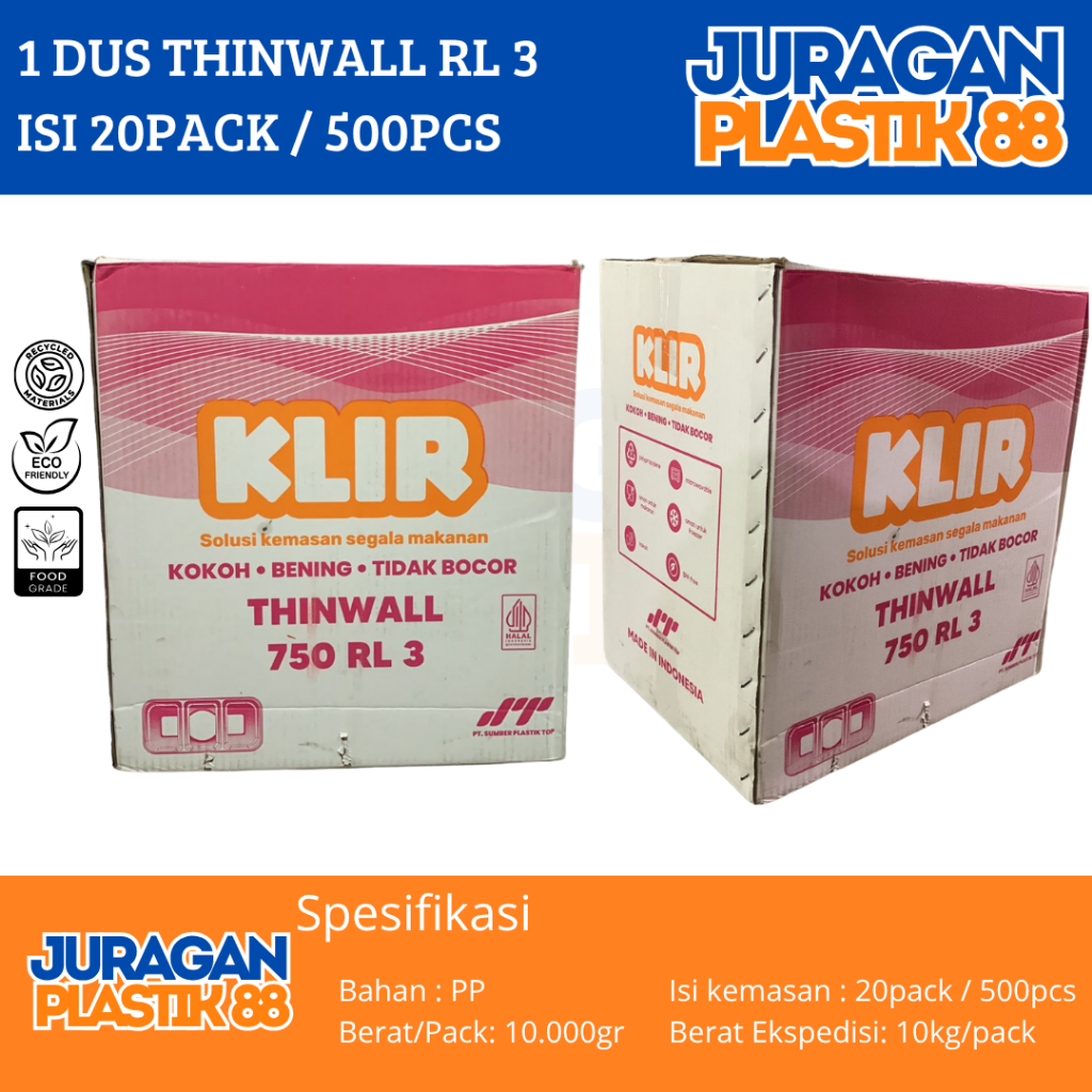 1 DUS/KARTON Thinwall Klir 750ml Rectangle Long  RL3 |Kotak makan Plastik 750 ml KLIR RECTANGLE LONG