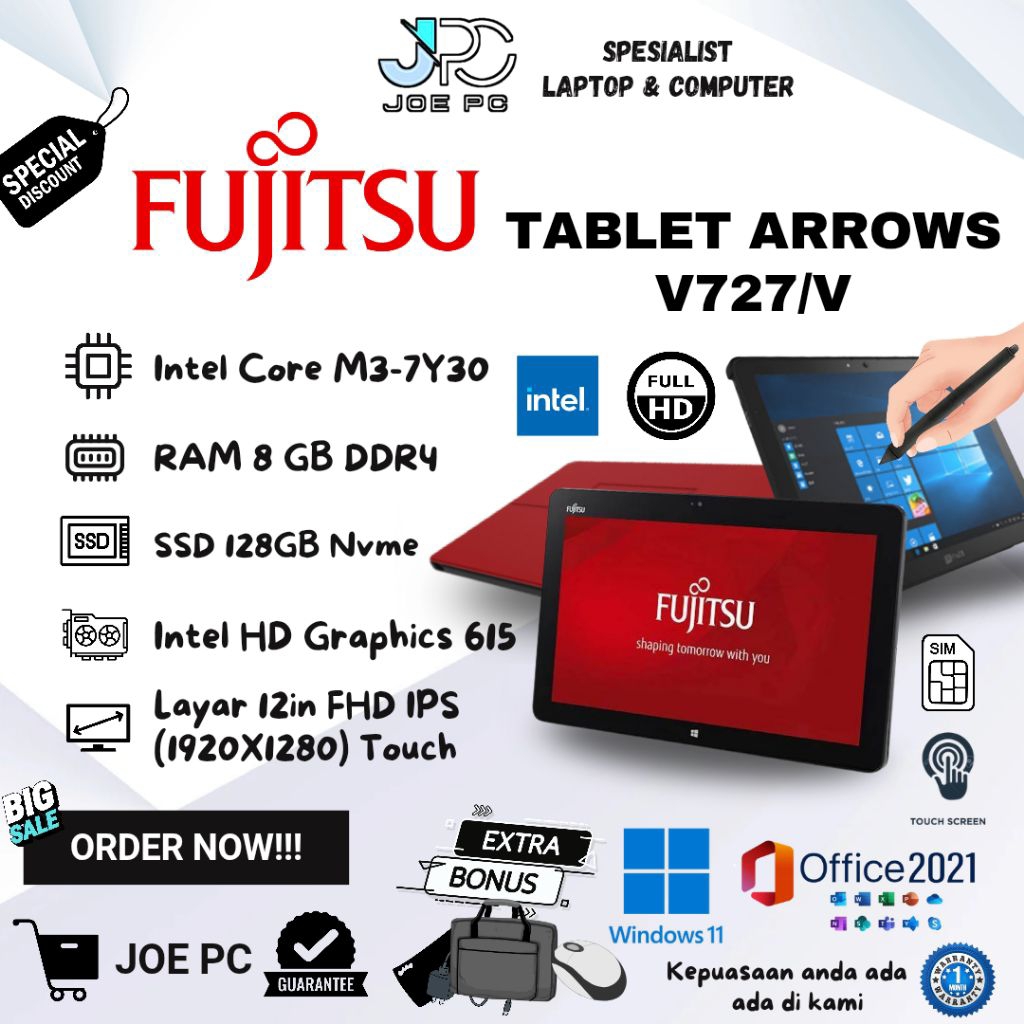 Laptop Tablet Windows Fujitsu Arrows Tab V727V Intel Core M3-7Y30 RAM 8GB SSD 128GB Layar 12inch FUL