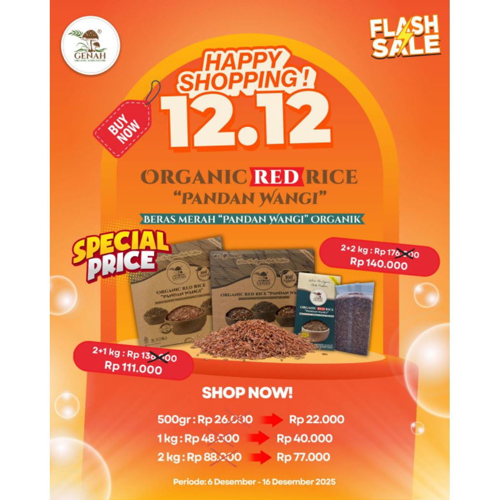 Beras Merah Genah Organik/Beras Merah Enak/Beras Merah Pandan Wangi Organik 1kg