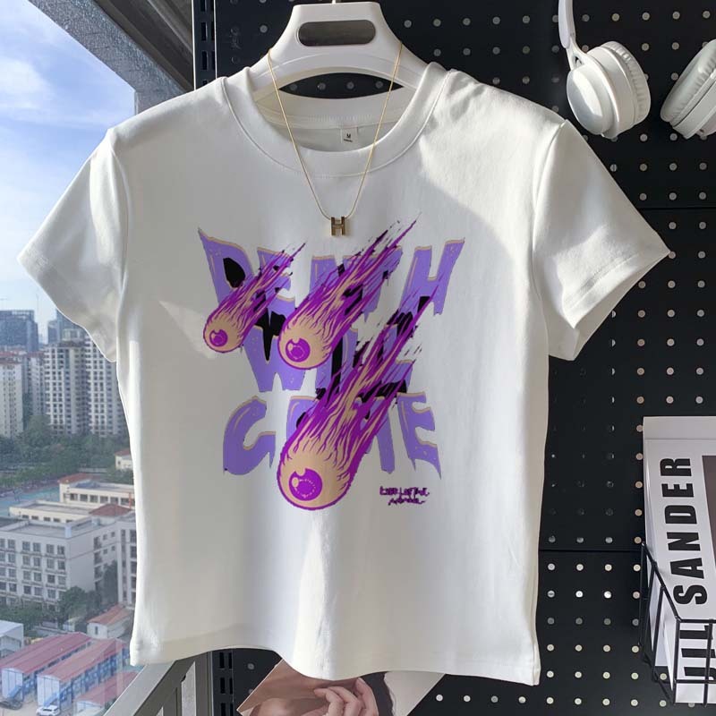 Peach Fashion Desain unik dan kreatif ala Korea: cetakan pola huruf api ungu. T-Shirt Crop Top Lenga