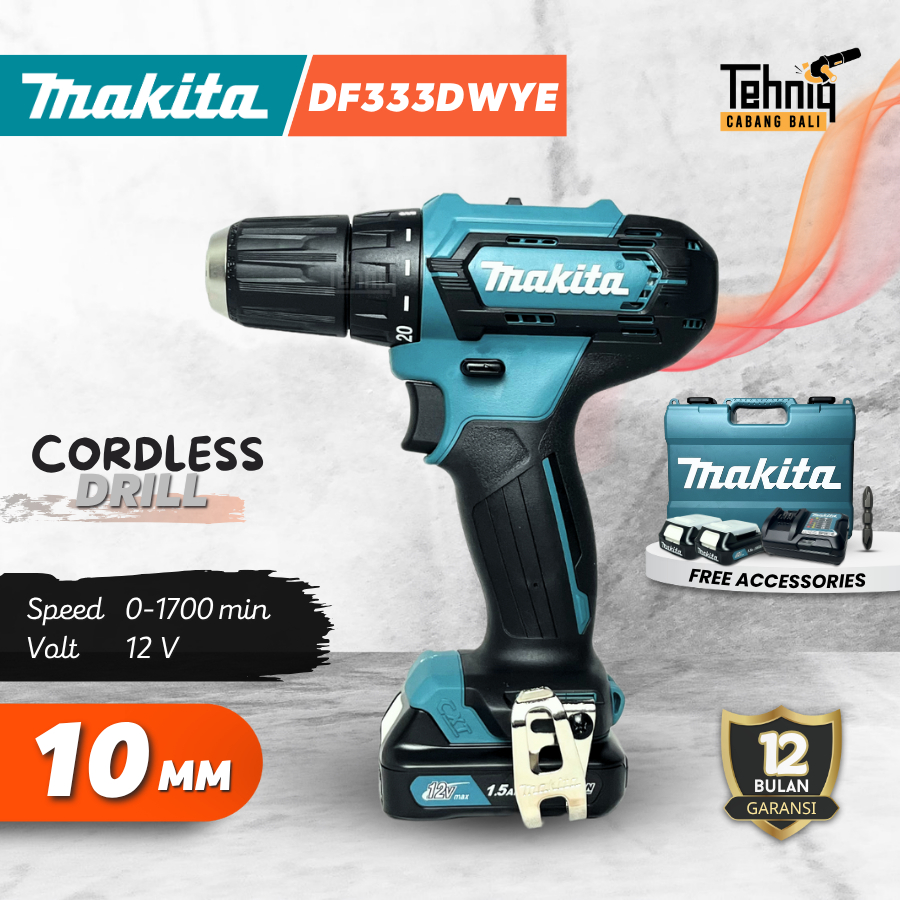 MAKITA DF333DWYE Cordless Driver Drill 12 Volt Mesin bor baterai