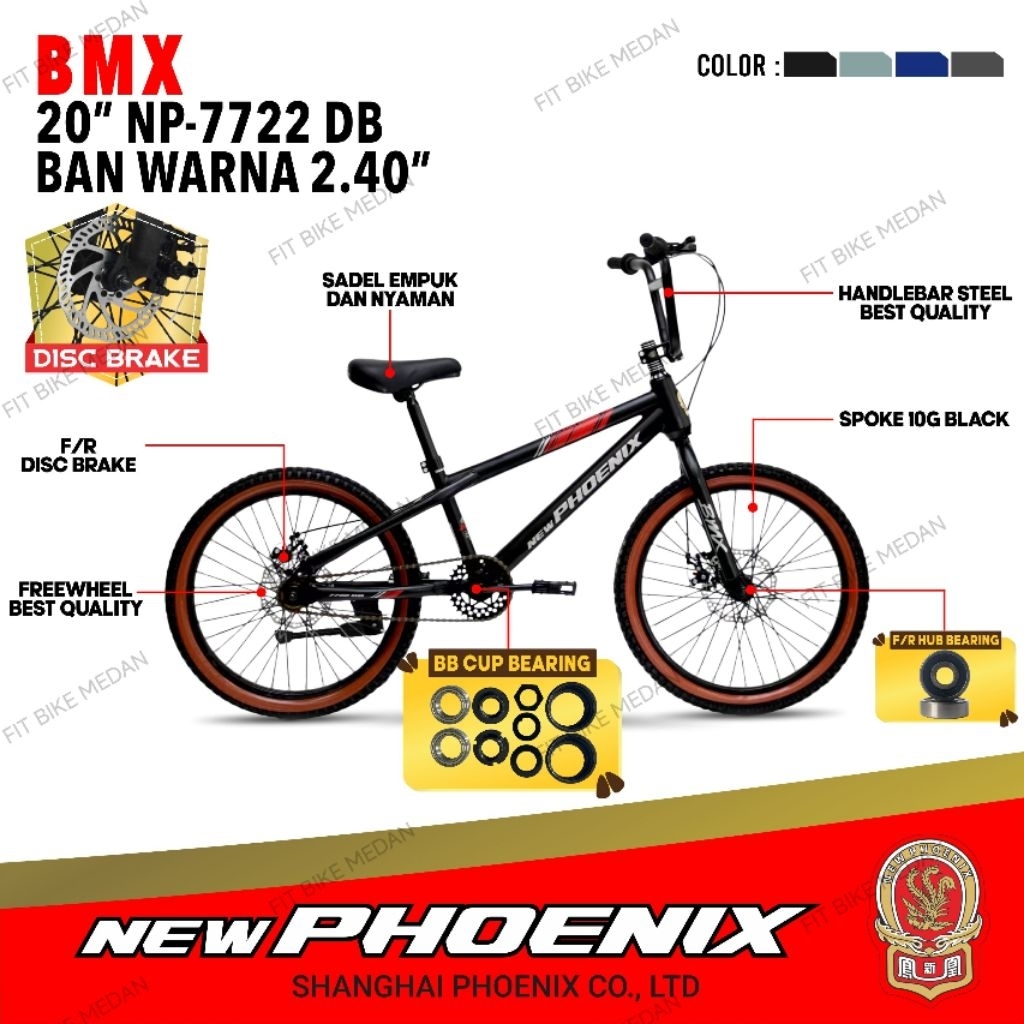 SEPEDA BMX NEW PHOENIX 20 INCH 7722 DB BAN 2.40/ BAN JUMBO 3.0 REM CAKRAM DISC BRAKE BB CUP BEARING 