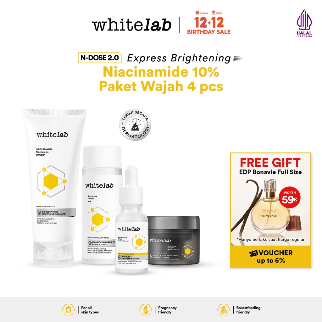 Whitelab Paket Wajah Brightening Niacinamide Facial Wash, Toner, Serum, Night Moisturizer - 4 pcs N-