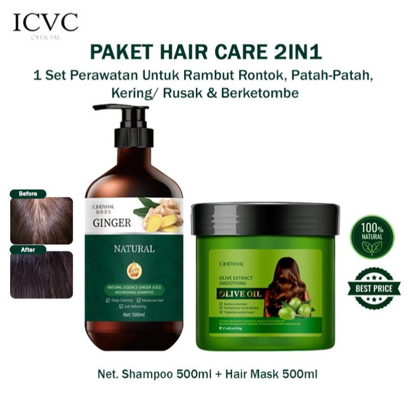 CINDYNAL | Bundle 2in1 Olive Hair Mask & Ginger Shampoo – Creambath Minyak Zaitun & Shampo Jahe Herb