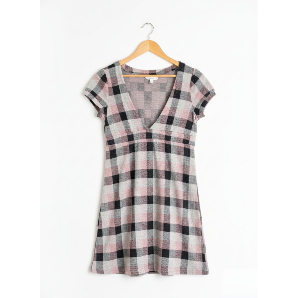 [NAYORAE] Baju Dress Wanita Kotak Pink Lengan Pendek | Mini Dress Casual Murah