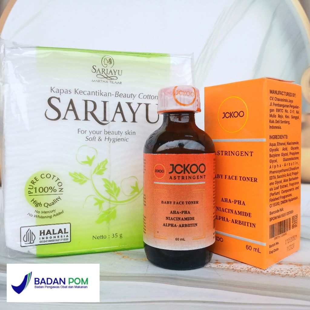 JCKOO 2in1 Toner Baby Face & Kapas Sariayu AHA-PHA Niacinamide Alpha-Arbutin Halal Indonesia RDL BPO