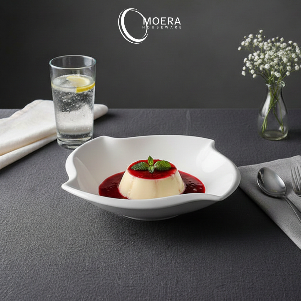 MOERA Mangkok Saji Segi Kipas Keramik Premium Putih Polos / Mangkok Salad hotelware resto serbaguna 