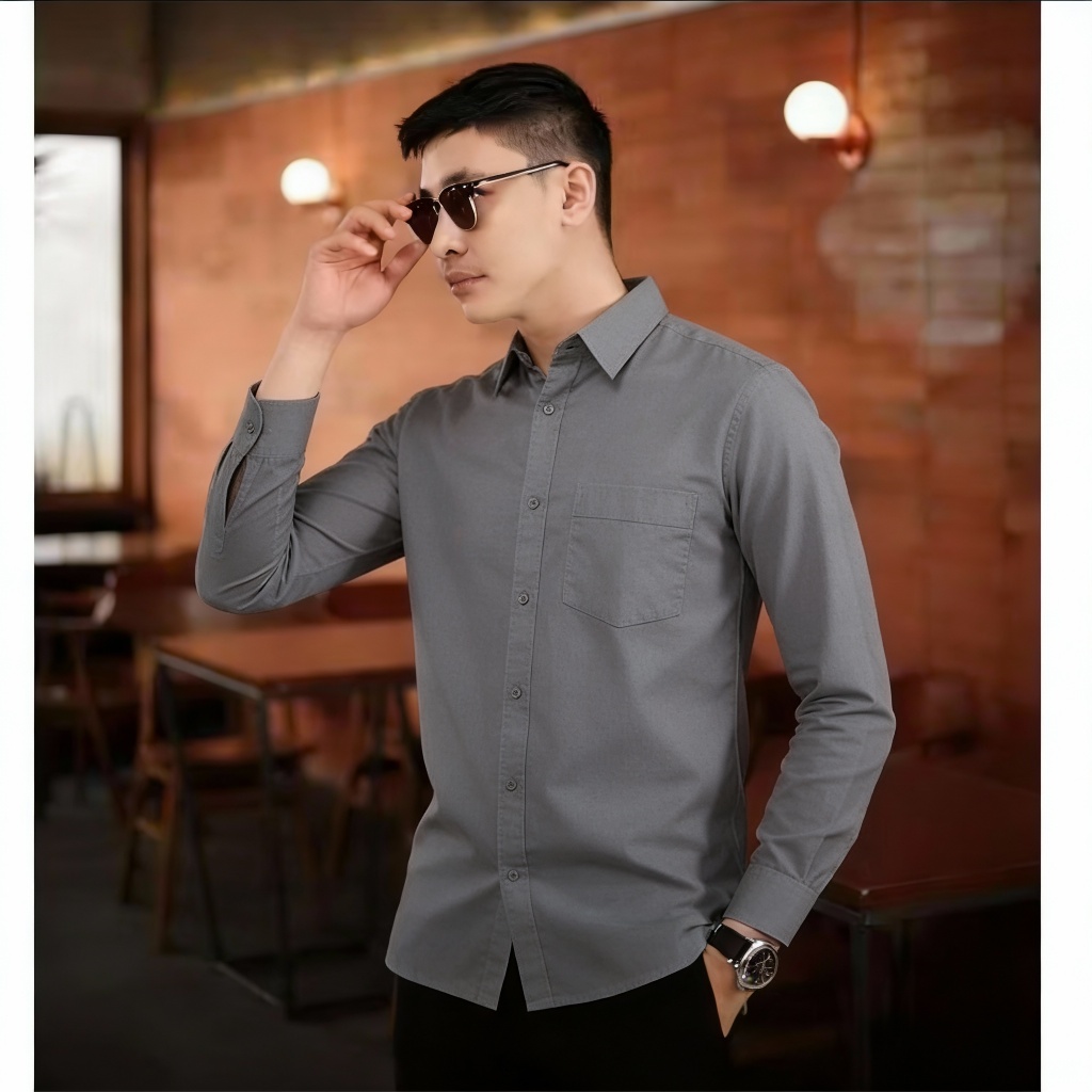 Tangiowild Kemeja Pria Polos Lengan Panjang Baju Pria Polos Lengan Panjang