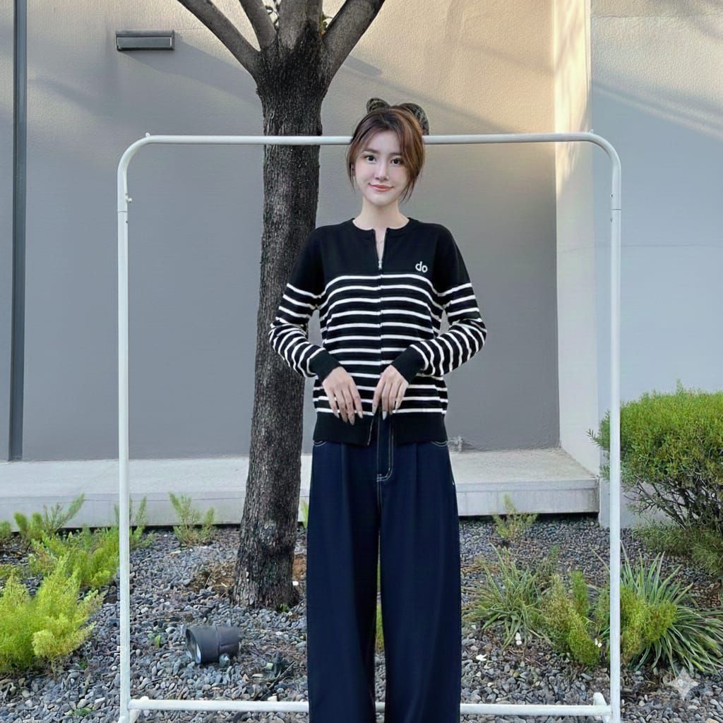 Kemeja Rajut Import Premium Wanita Motif Stripes | Outer Rajut Lengan Panjang Full Resleting