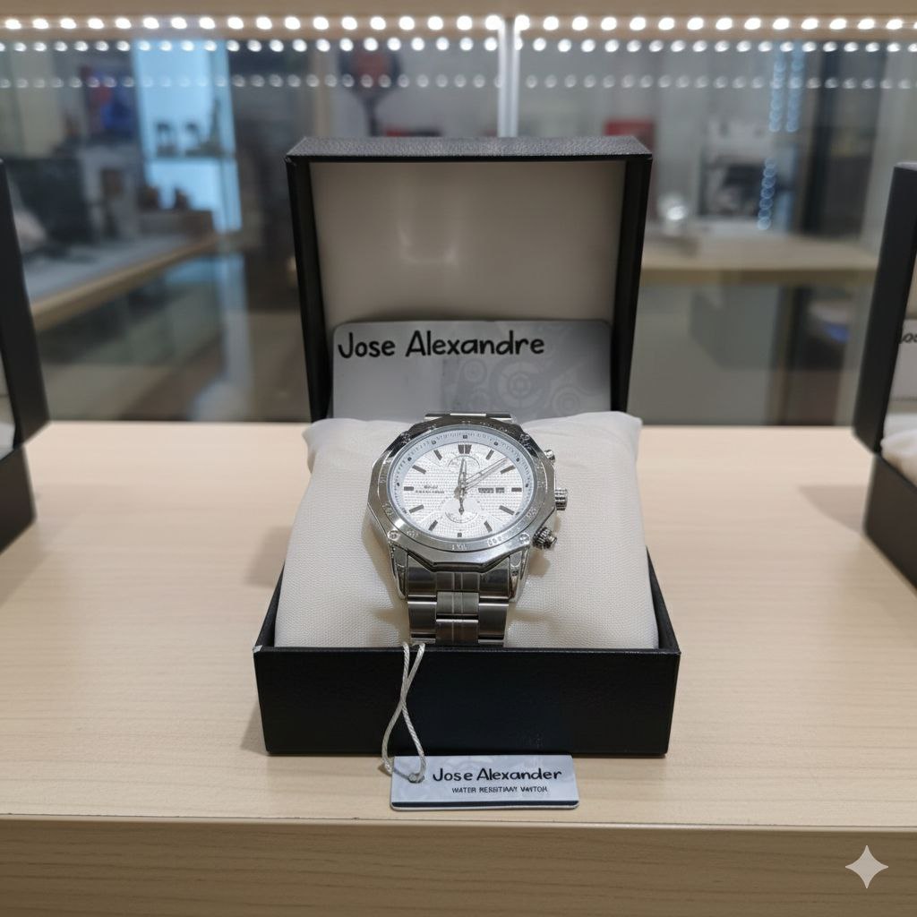 Jam Tangan Pria Silver / Putih Jose Alexandre Tanggal Hari Aktif Rantai Stainless