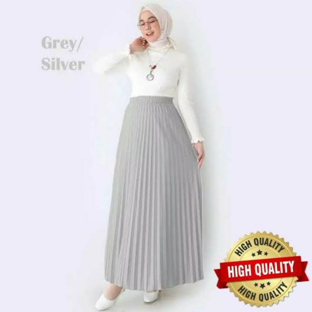 Rok Plisket Plisir Lipit Pleats Mayung Payung Muslimah Premium Warna Silver Abu abu muda
