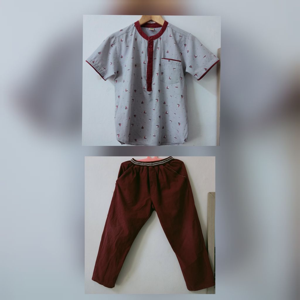 Setelan Baju Koko anak Laki Laki Kakugo Atasan Kemeja koko lengan pendek bahan katun warna Merah 4 5