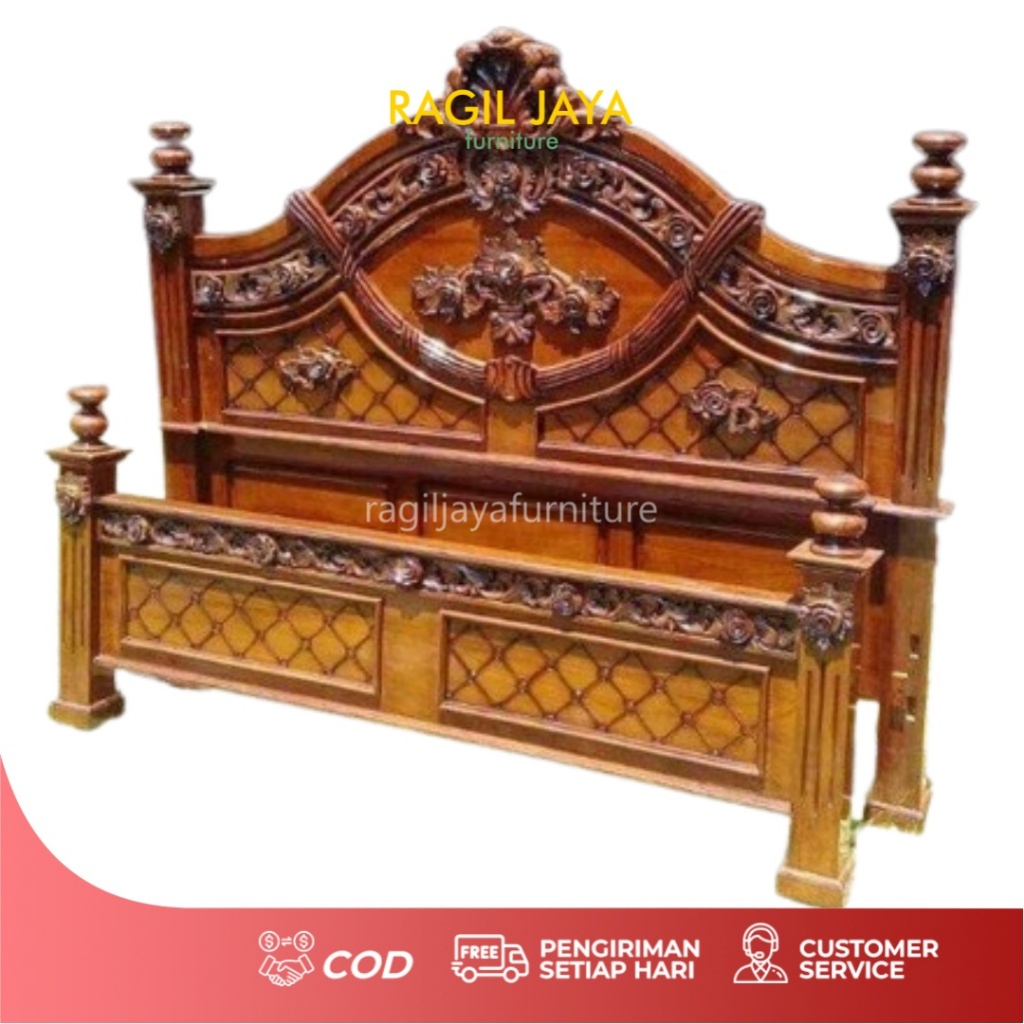 Dipan Jati Ukir Jepara Mewah – Tempat Tidur Kayu Jati Klasik Elegan | Ranjang Ukiran Full Handmade