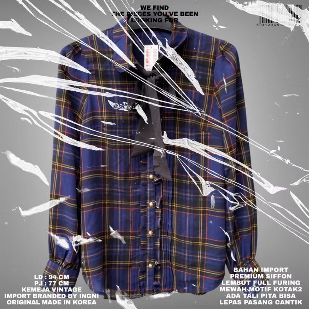 INGNI ORIGINAL KOREAN KEMEJA/KEMEJA MOTIF KOTAK KOREAN LOOK/KEMEJA KOTAK BLUE PREMIUM PITA TANGAN BA