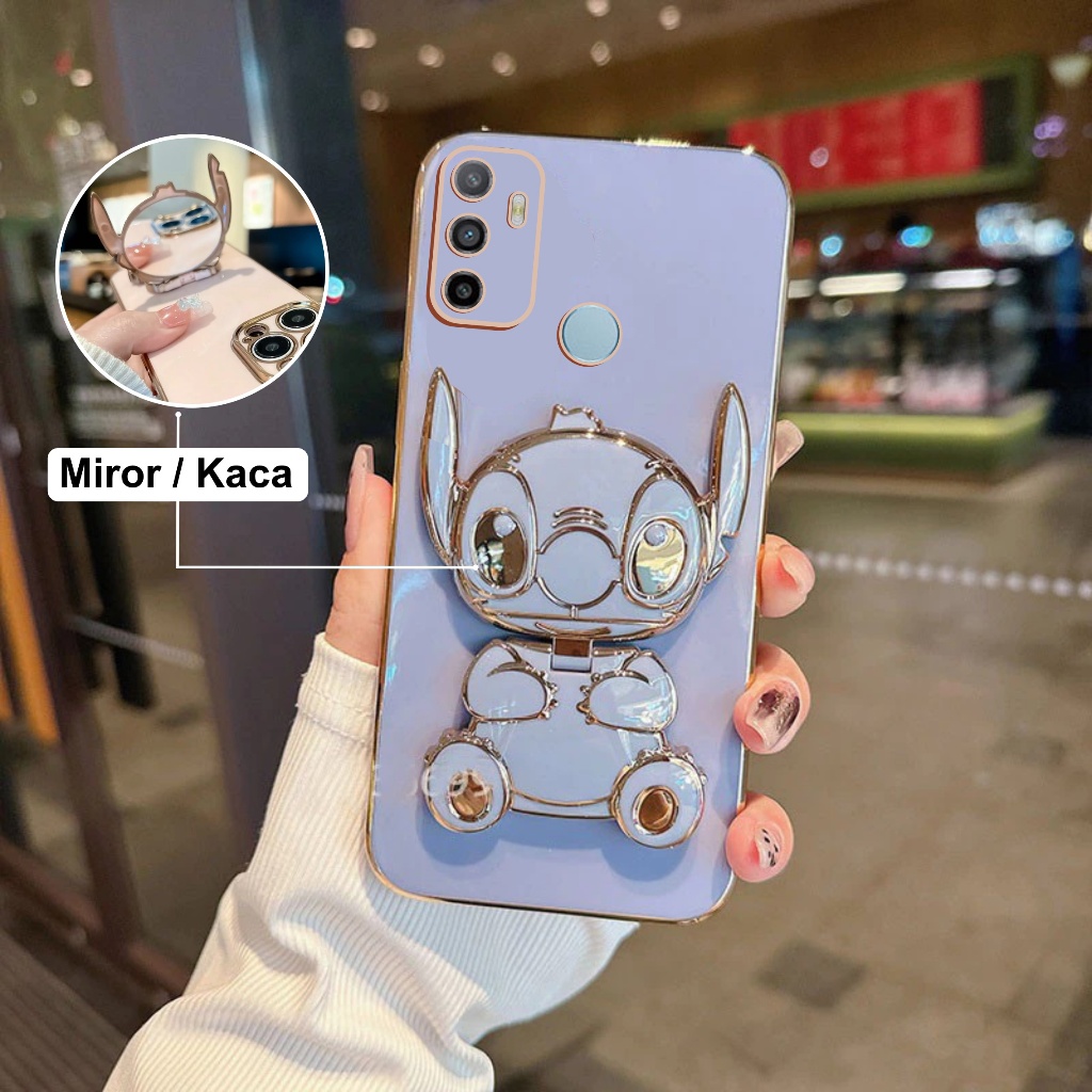 Soft Case Oppo A53 A53s A33 4G 2020 Silicon Dudukan Miror Cute Stich Plating