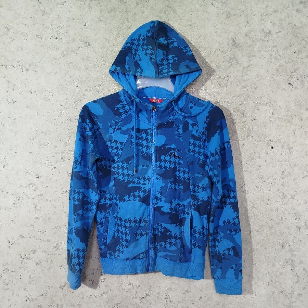 Hoodie Zipper Pria EVISU DENIM MASTER Biru Full Motif Logo Bordir Casual hoodie zip size S