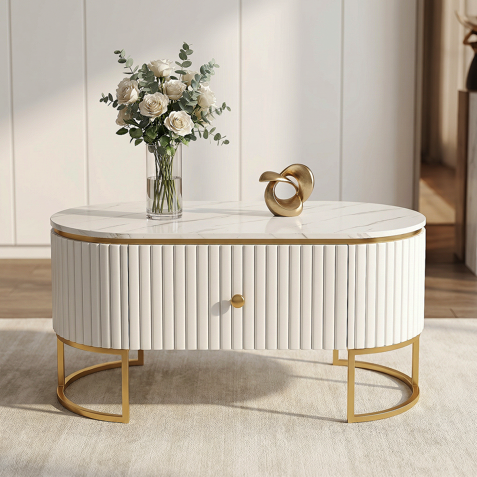 Meja TV Oval Putih Gold 100cm Minimalis Modern Bufet Konsol Laci Rak Meja Ruang Tamu