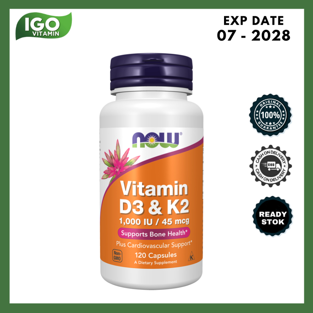 NOW Vitamin D3 D-3 K2 1000 IU 120 Capsules - Kesehatan Tulan dan Imun Tubuh