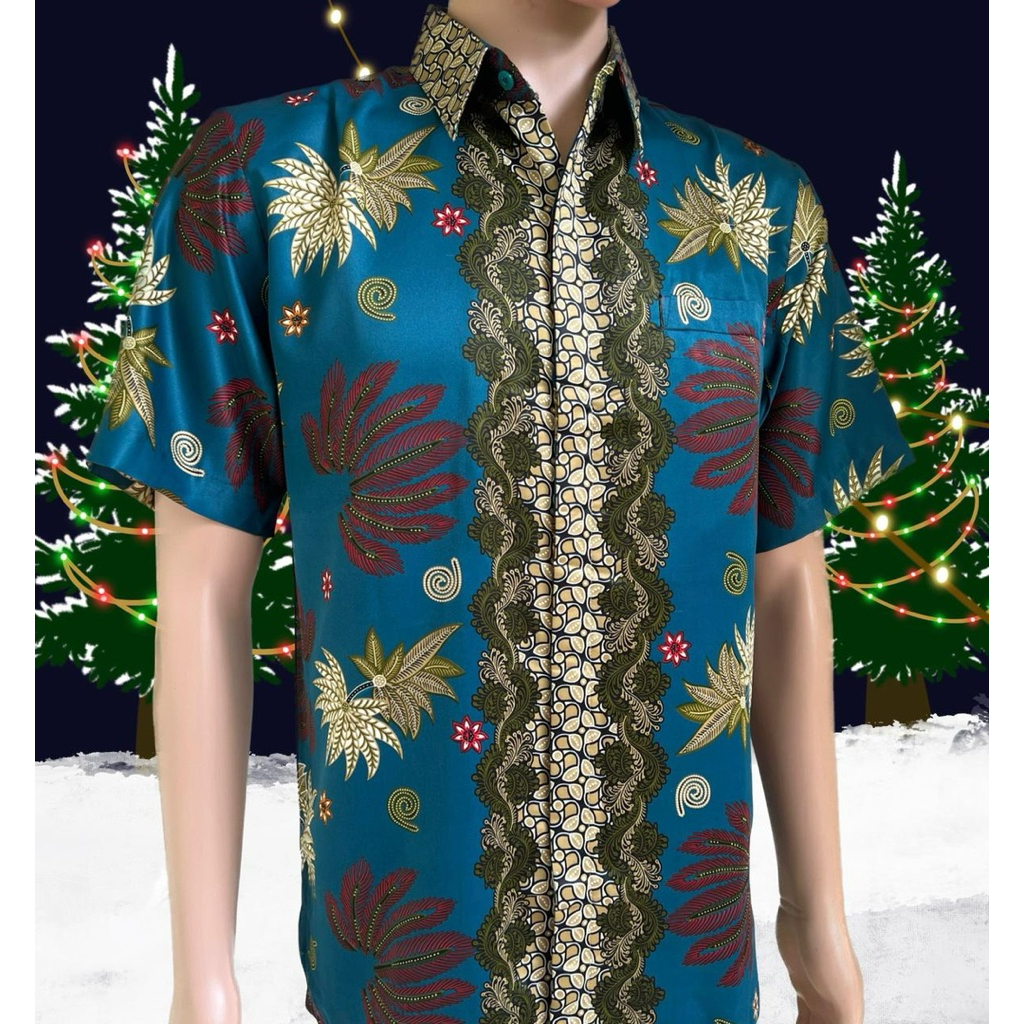 Sutra Putih - Kemeja Batik Pria Tangan Pendek Hijau Biru Tosca KTP2302006