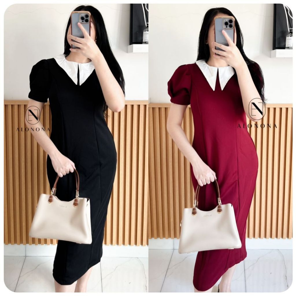 MARVENE DRESS WANITA BAJU IMLEK CNY CHRISTMAS NATAL MAROON MERAH HITAM GAUN KONDANGAN