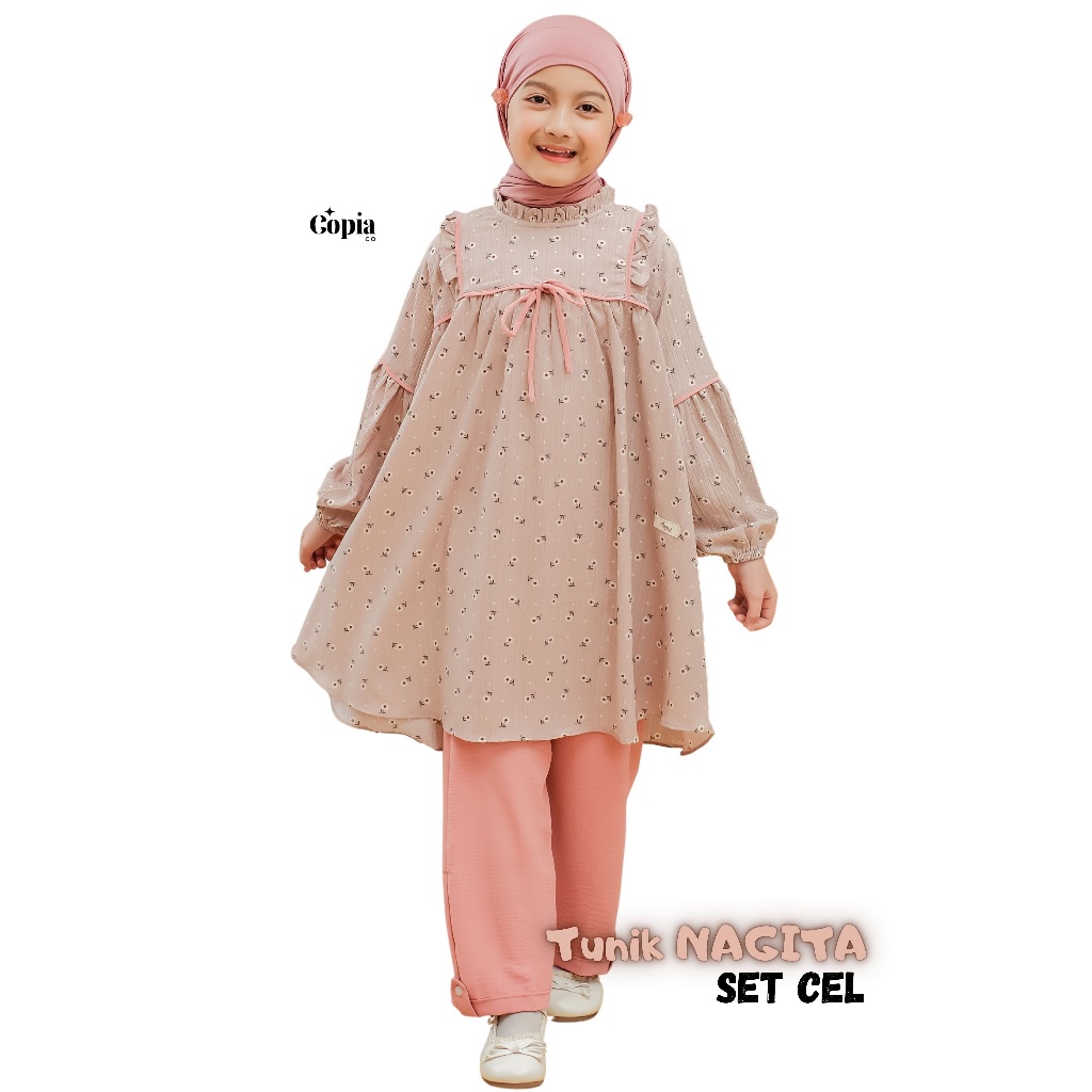 Copiaco - One Set NAGITA Stelan Anak Perempuan Long Tunik Set Celana Umur 3 -13 Tahun Salam