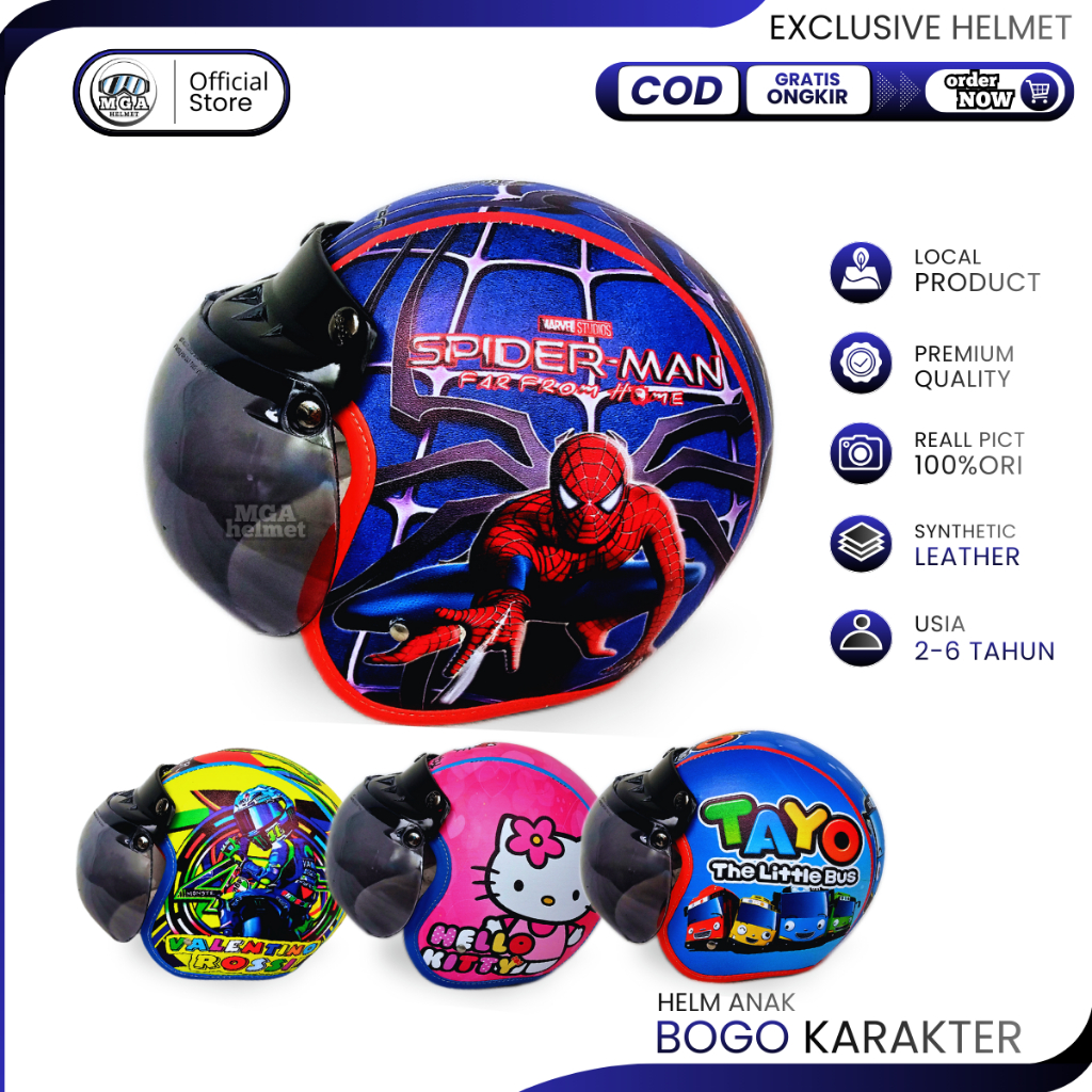 helm anak bogo karakter SPIDERMAN/ helm motor anak untuk usia 2-6 tahun