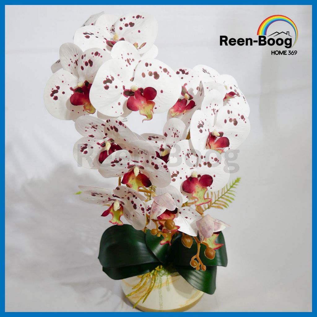 Rangkaian Anggrek Latex Lengkap Vas Premium | Bunga Anggrek Bulan Artificial Premium Vas Keramik Dek