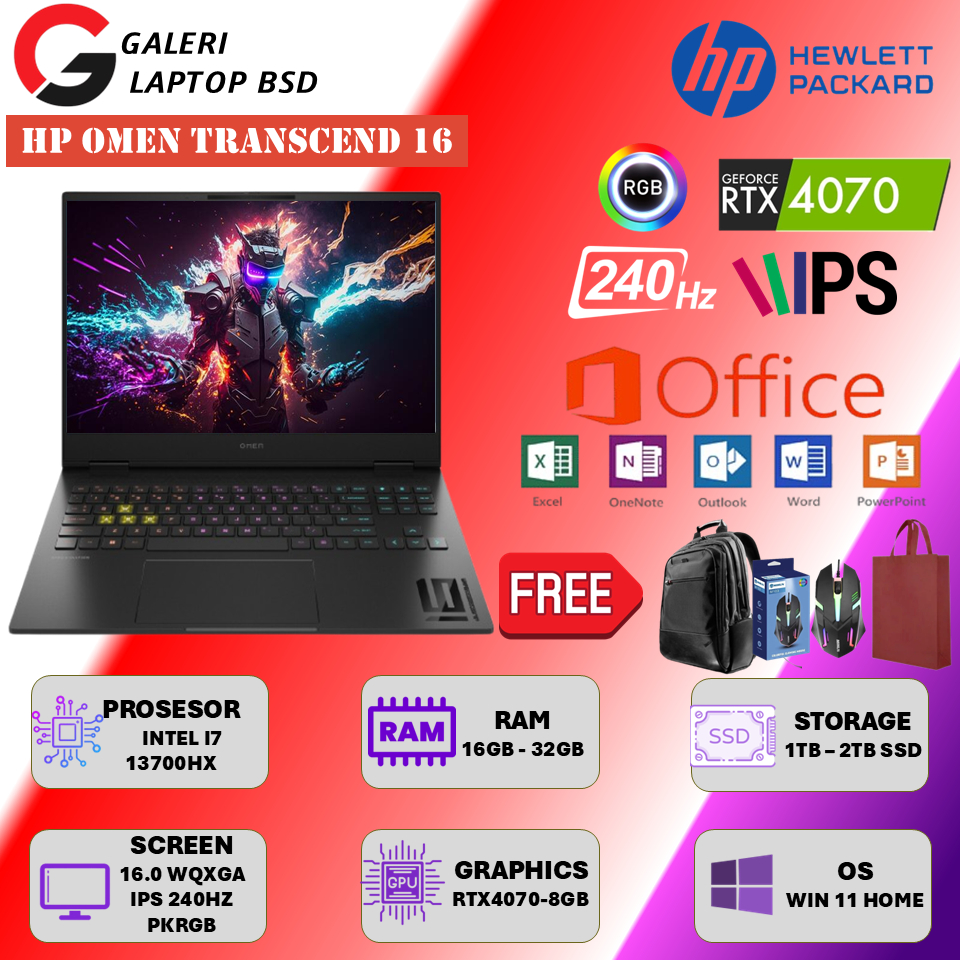 HP Omen Transcend 16 Intel i7 13700HX Rtx4070 Ram 32GB DDR5 2TB Ssd WQXGA Ips 240Hz Windows 11