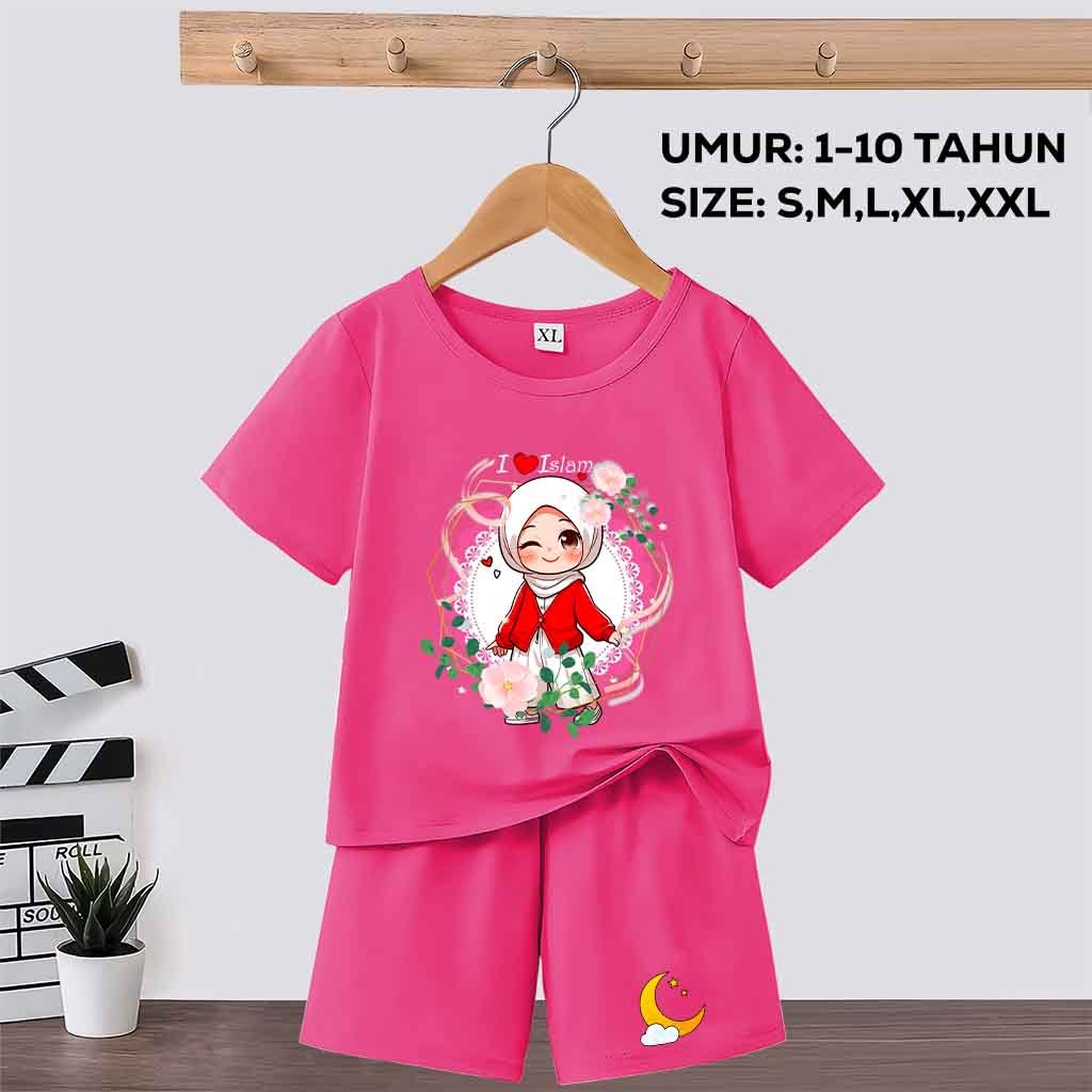 Setelan I love Islam Anak Perempuan Muslimah Umur 1-10 Tahun Motif I love Islam Baju Anak Lengan Pen