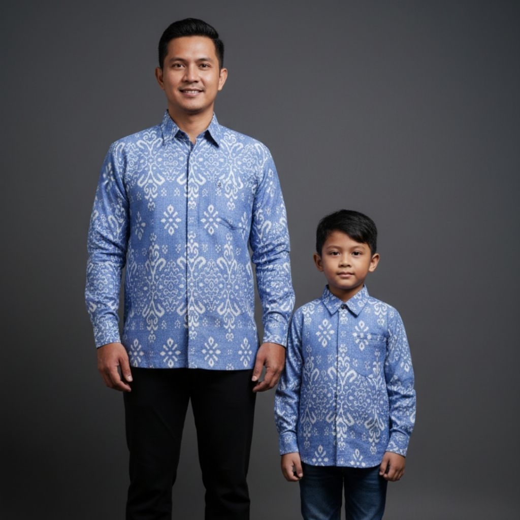 BATIK SERAGAMAN SARIMBIT COUPLE AYAH DAN ANAK KATTUN SOLO FURING ICE BLUE BIRU MUDA
