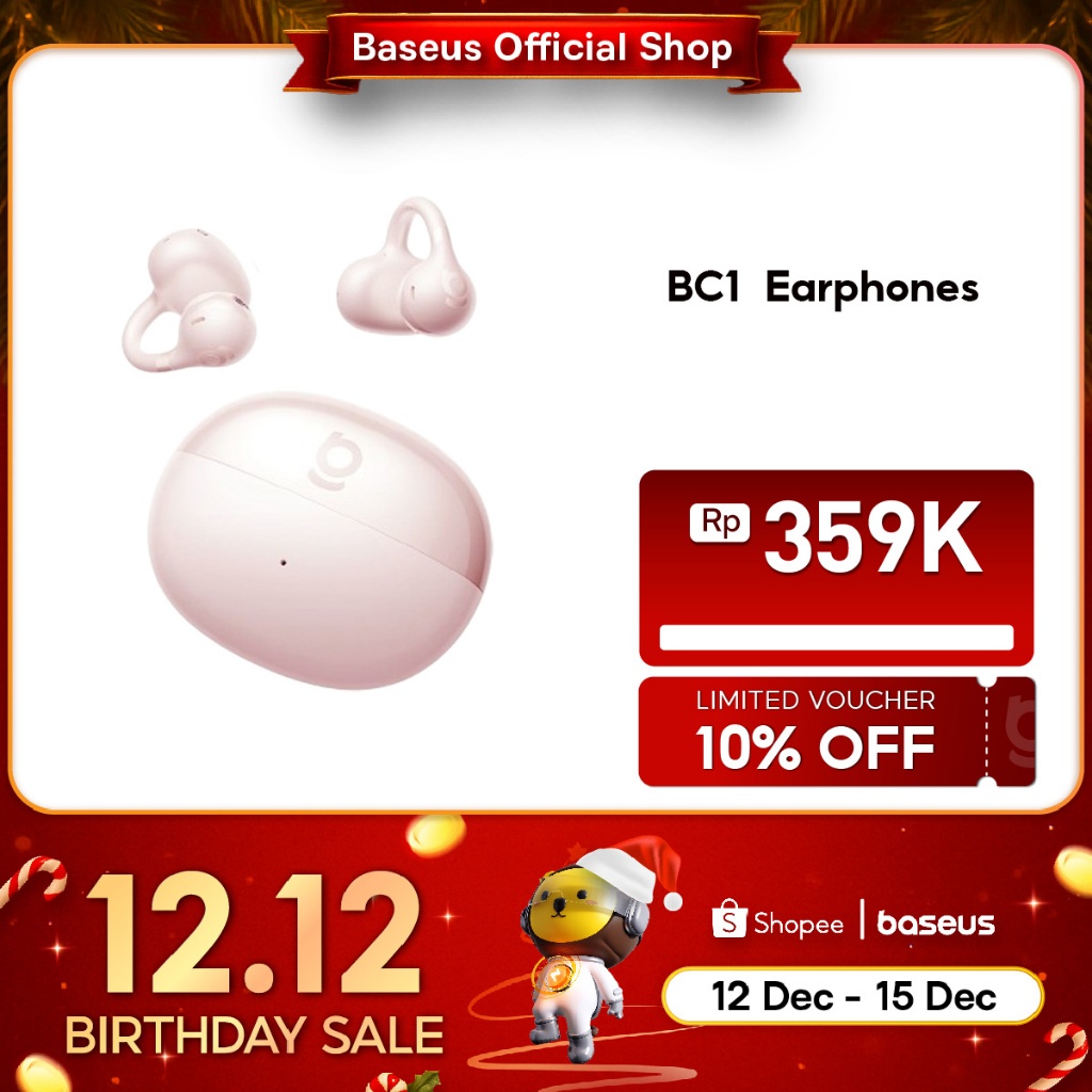 Baseus Bass BC1 Open Ear Fit Wireless Stereo 12MM Super Bass 4 Mic AI ENC Clip TWS IP55 & 38H OWS Ea