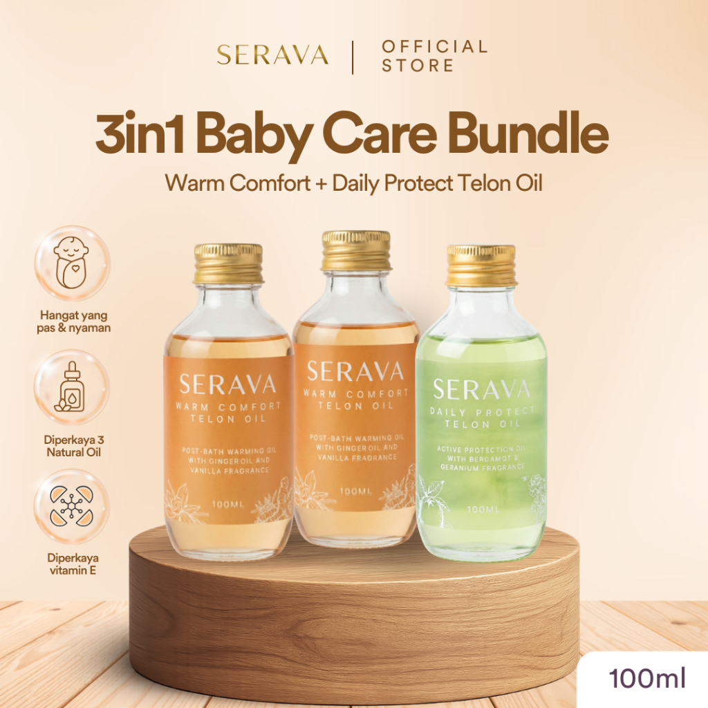 Serava Minyak Telon Trio Bundle 100Ml, Warm Comfort  + Daily Protect – Parfum Bayi Hangat & Harum