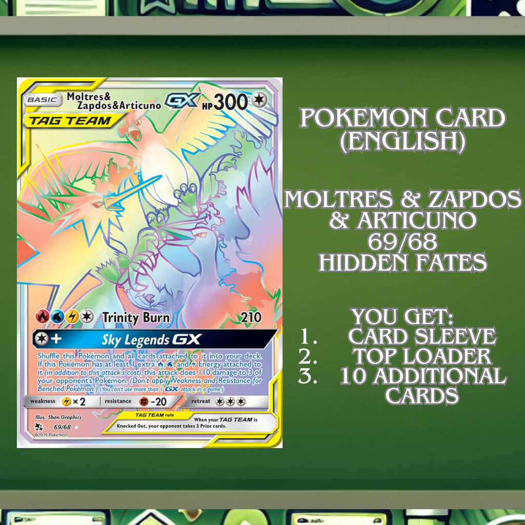 Kartu Pokemon TCG Moltres & Zapdos & Articuno GX Tag Team 69/68 Hidden Fates English
