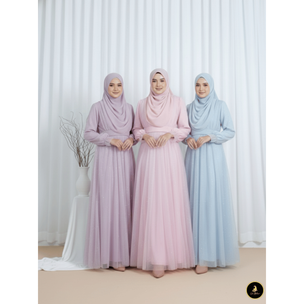 Gaun Pesta Wanita Elegant Premium Tulle Mutiara • Dress Panjang Muslimah Modern • Baju Kondangan Hij